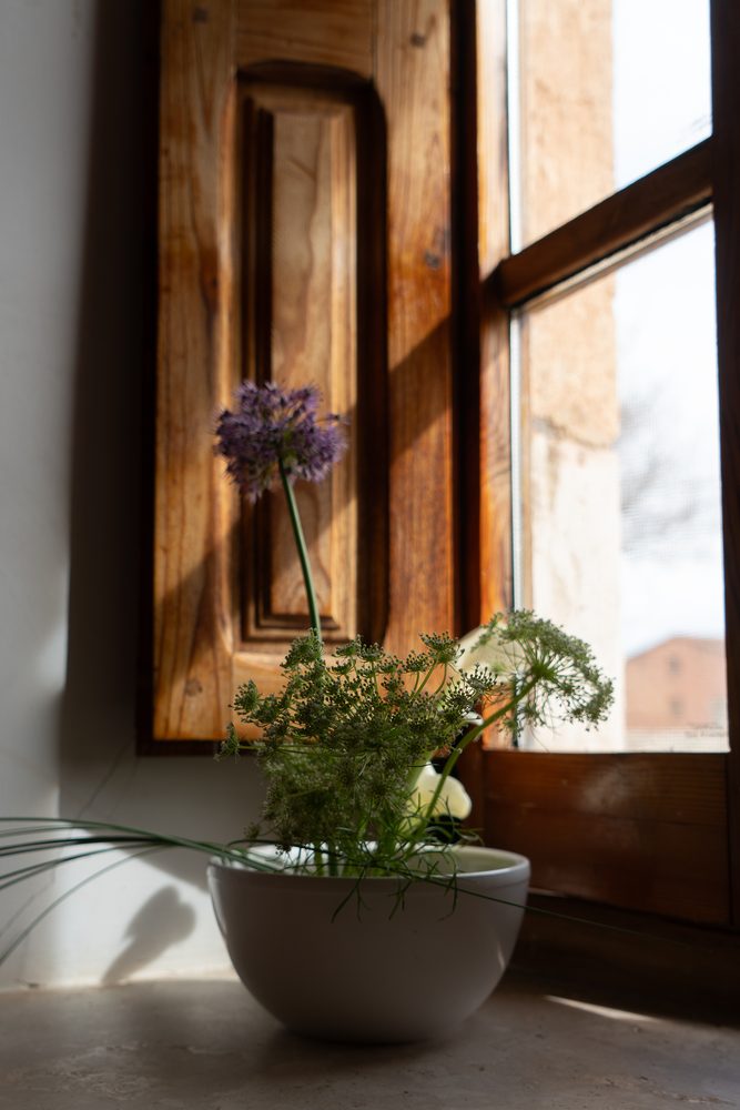 Ventana con contraventanas de madera y flores